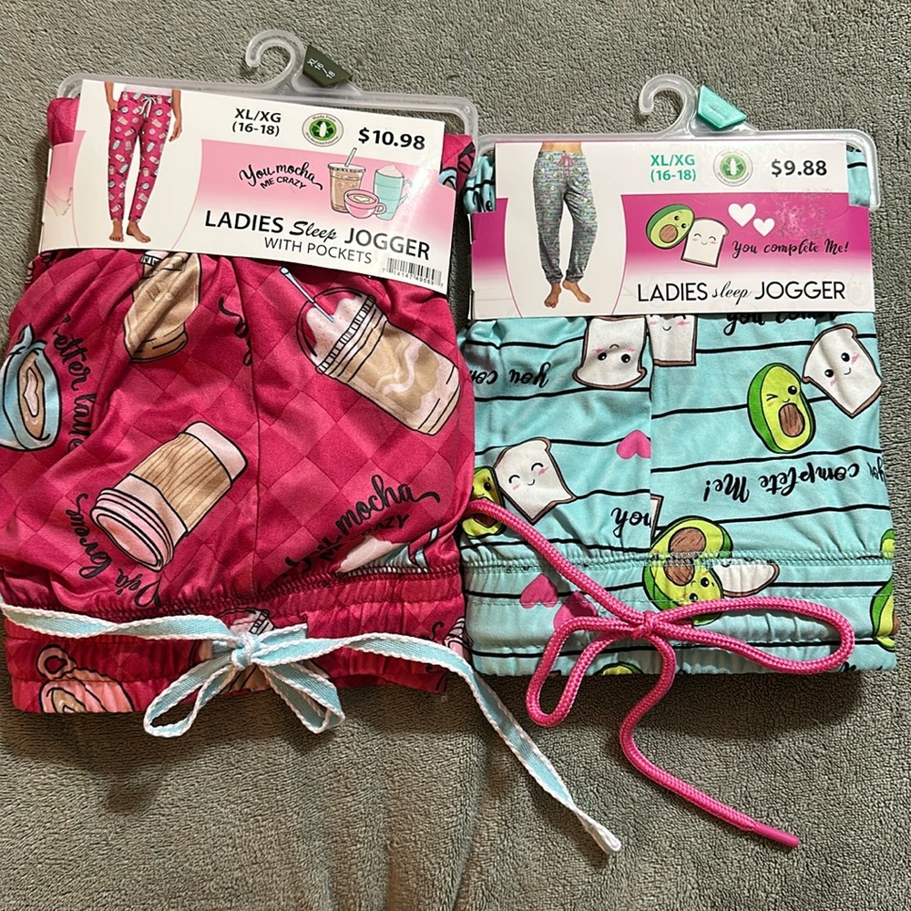 Sleep Joggers Pajama Pants 2 Pairs XL Coffee & Avocado & Toast NIP